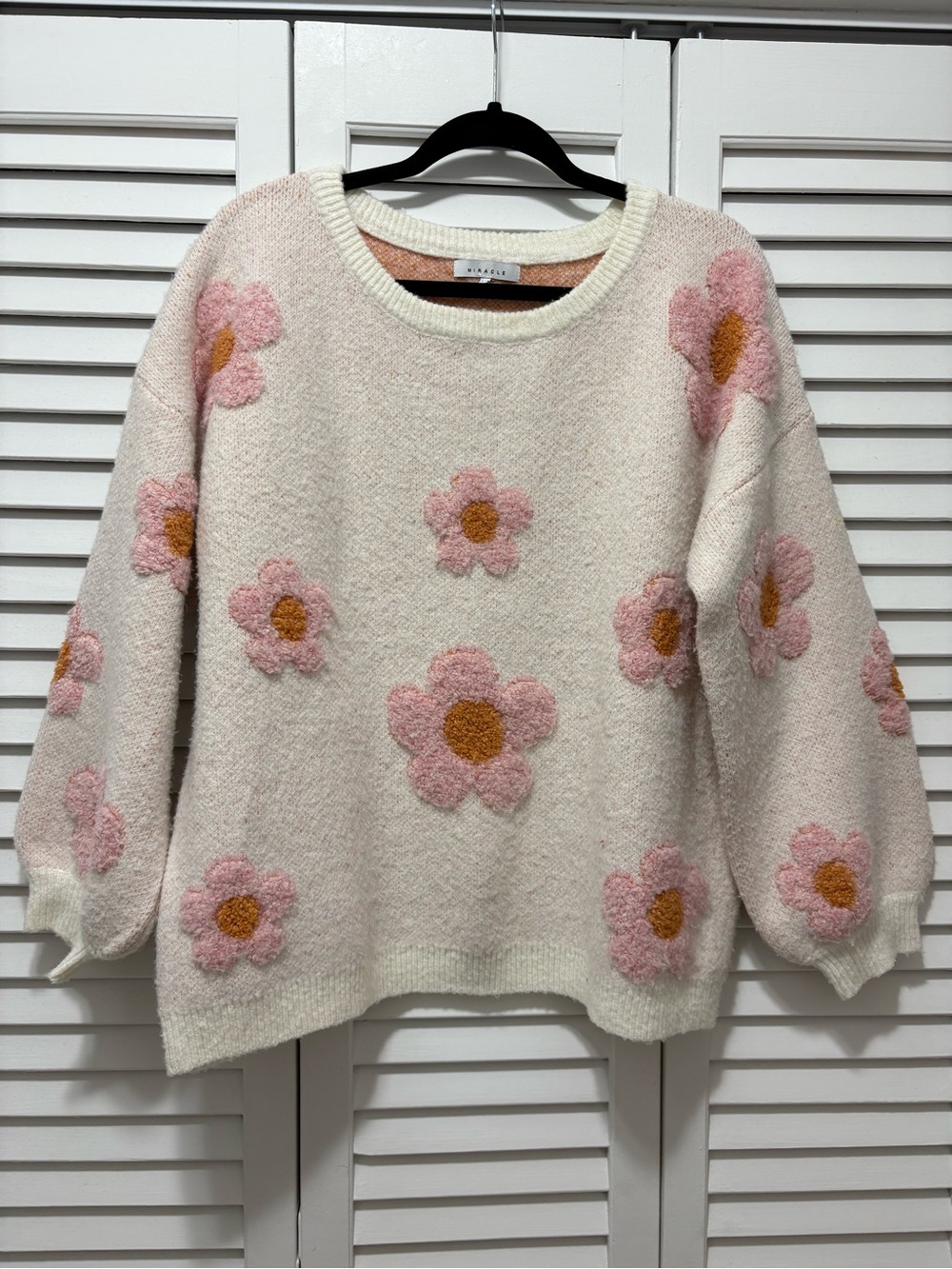 Miracle Cream Crewneck Sweater with Pink and Gold Floral Appliqués